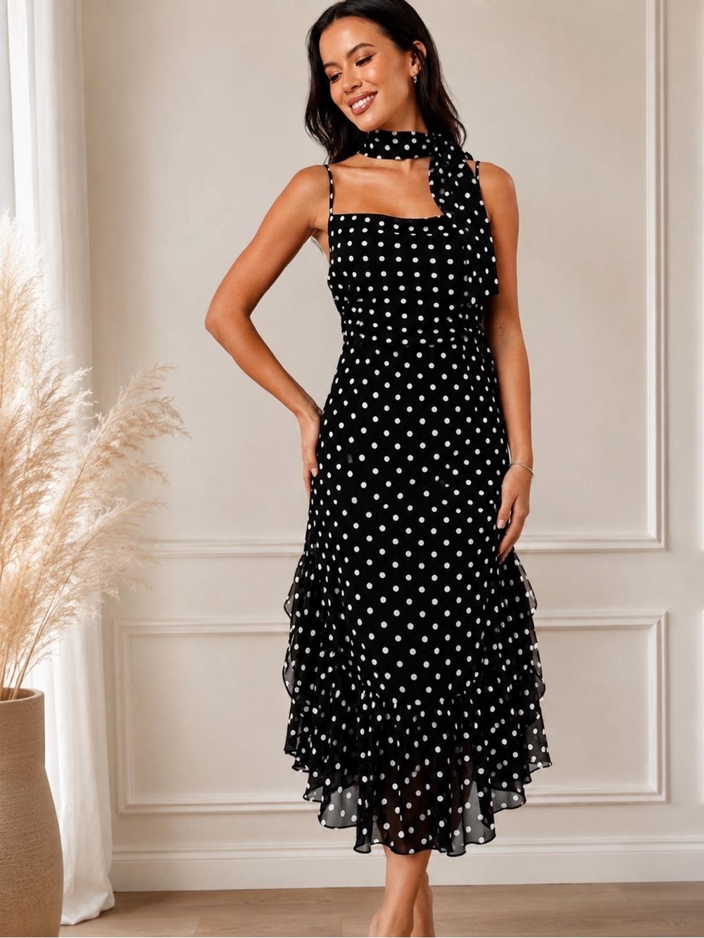 Petal & Pup Black & White Polka Dot Midi Dress with Scarf
